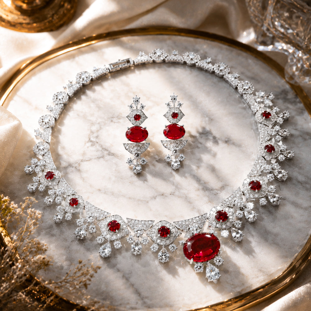 Luxury Vintage Royal Oval Ruby Cubic Zirconia Jewelry Set, Silver Tone Scalloped Fan Design Red Gemstone Necklace and Dangle Earrings, Formal Evening Bridal Statement Jewellery Gift for Her