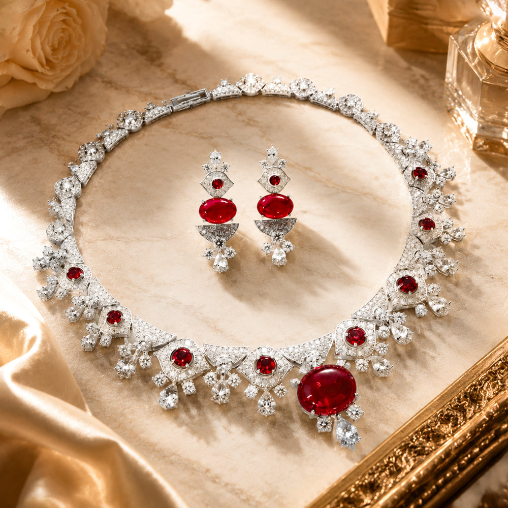 Luxury Vintage Royal Oval Ruby Cubic Zirconia Jewelry Set, Silver Tone Scalloped Fan Design Red Gemstone Necklace and Dangle Earrings, Formal Evening Bridal Statement Jewellery Gift for Her