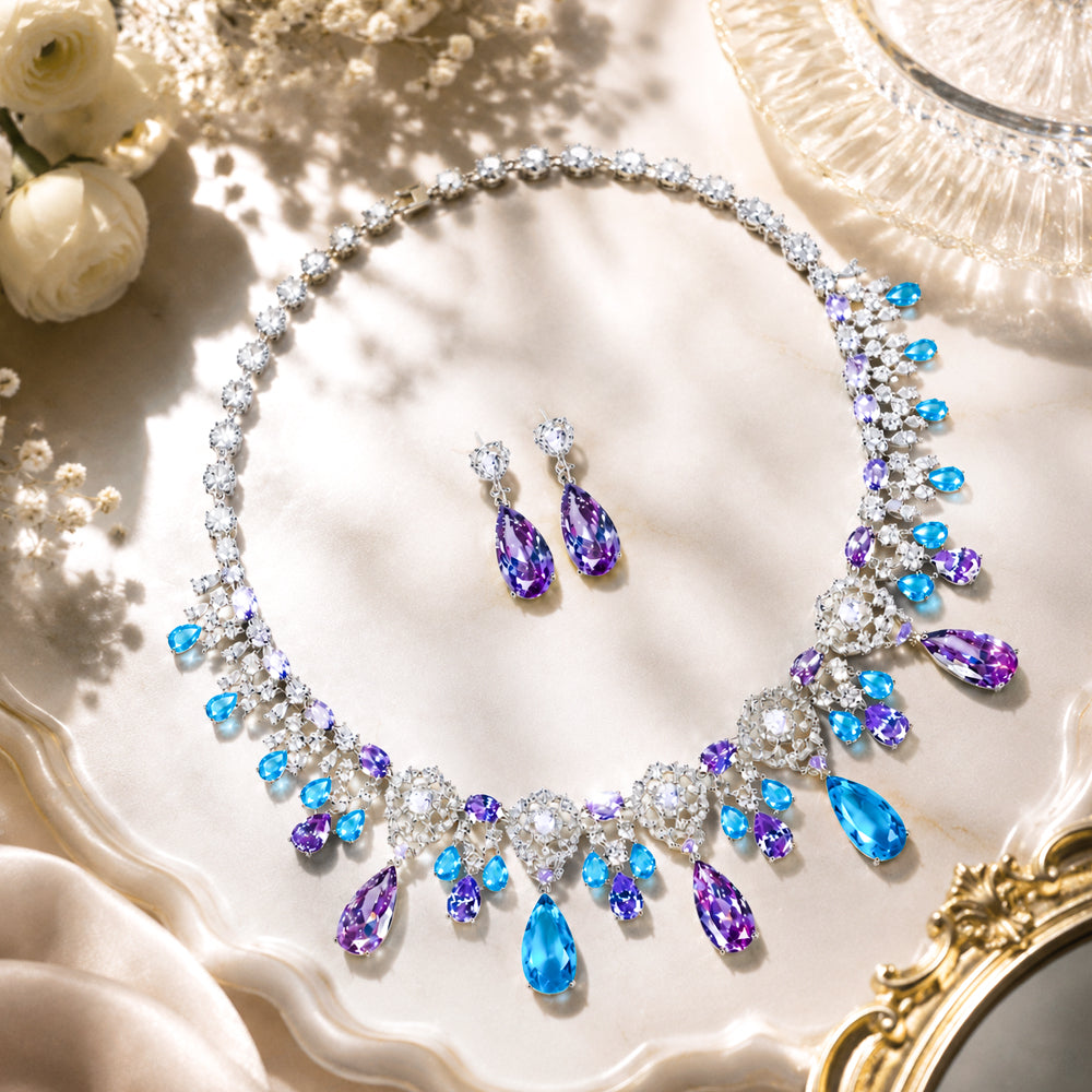 Mermaid Series Silver Tone Ombre Blue Purple Teardrop Gemstone Fringe Jewelry Set, Gradient Color Lace Hollow Out CZ Necklace & Drop Earrings Women Formal Evening Bridal Statement Jewellery