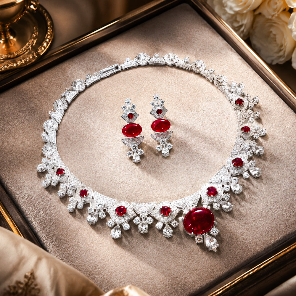 Luxury Vintage Royal Oval Ruby Cubic Zirconia Jewelry Set, Silver Tone Scalloped Fan Design Red Gemstone Necklace and Dangle Earrings, Formal Evening Bridal Statement Jewellery Gift for Her