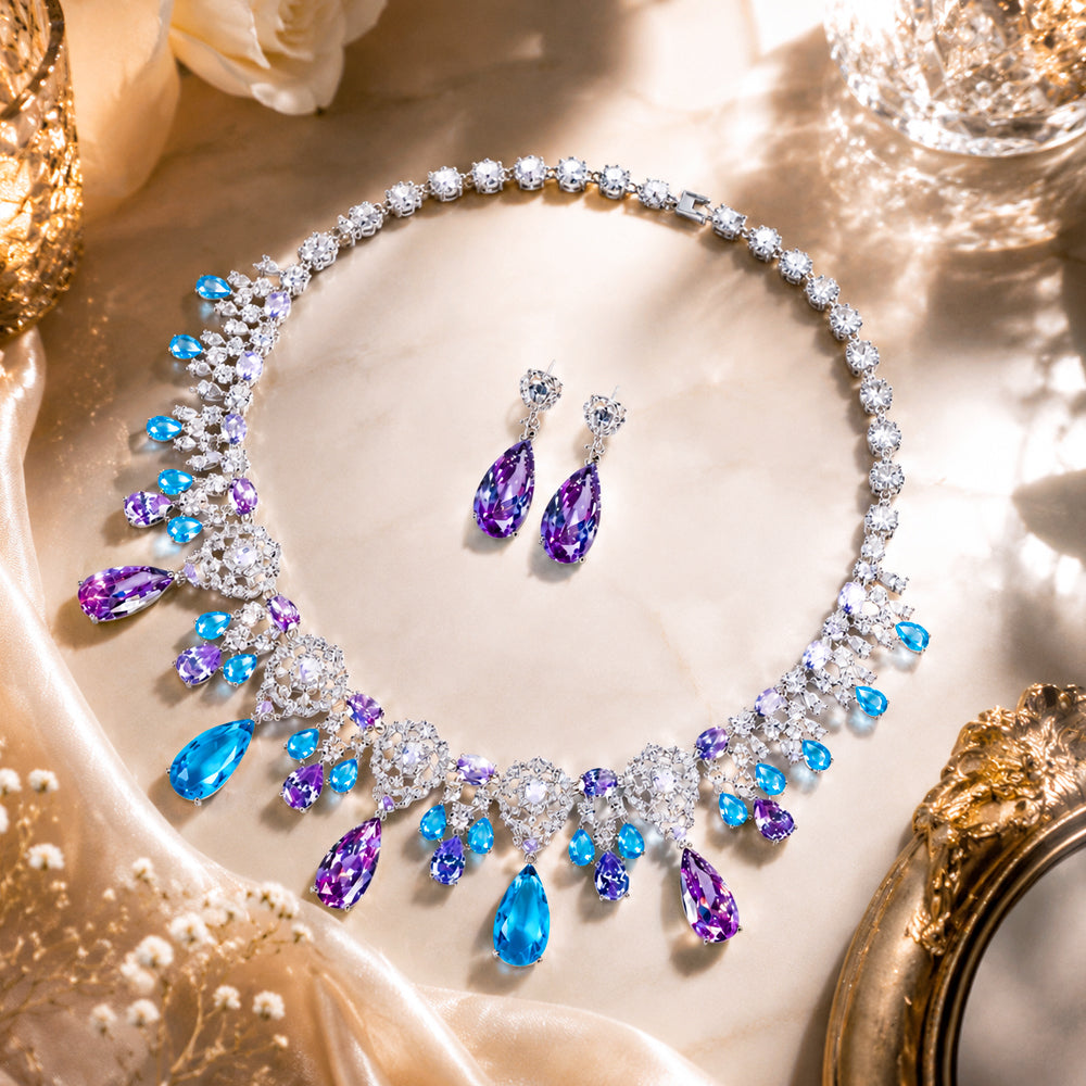 Mermaid Series Silver Tone Ombre Blue Purple Teardrop Gemstone Fringe Jewelry Set, Gradient Color Lace Hollow Out CZ Necklace & Drop Earrings Women Formal Evening Bridal Statement Jewellery