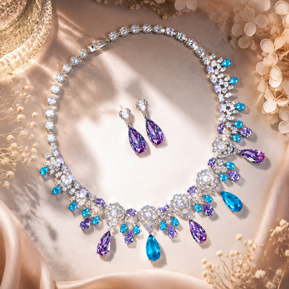 Mermaid Series Silver Tone Ombre Blue Purple Teardrop Gemstone Fringe Jewelry Set, Gradient Color Lace Hollow Out CZ Necklace & Drop Earrings Women Formal Evening Bridal Statement Jewellery