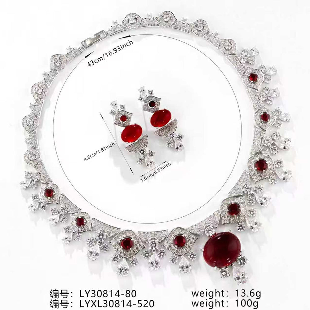 Luxury Vintage Royal Oval Ruby Cubic Zirconia Jewelry Set, Silver Tone Scalloped Fan Design Red Gemstone Necklace and Dangle Earrings, Formal Evening Bridal Statement Jewellery Gift for Her