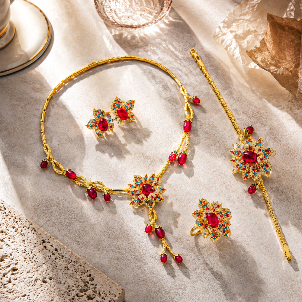 Vintage Chinese Palace Ruby Jewelry Set  Hand Enamel Inlaid Cubic Zirconia Choker Necklace Earrings Hairpin Ring Luxury Formal Wedding Banquet Gala Oriental Statement Jewelry for Women