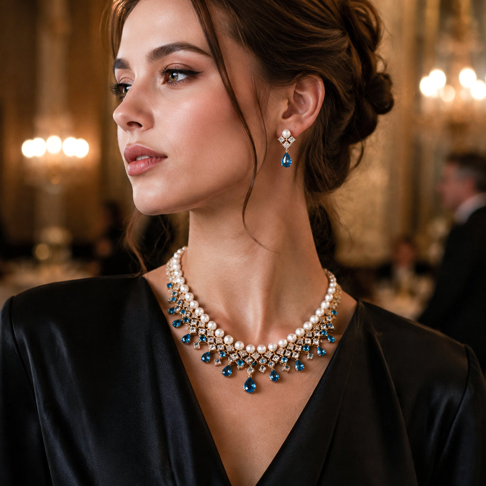Silver Tone Pearl & Emerald Crystal Fringe Jewelry Set, Square Zircon Cascading Necklace & Drop Earrings, Luxury Vintage Bridal Formal Statement Jewelry