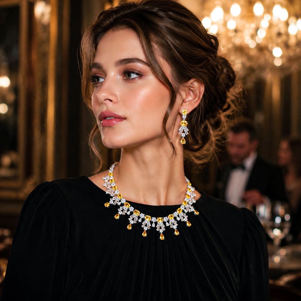 Multi-Color Gemstone Fringe Jewelry Set, Vintage Floral Multicolored Crystal Cascading Necklace & Drop Earrings, Luxury Bridal Formal Statement Jewelry