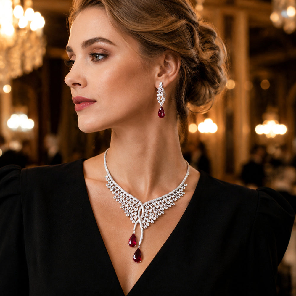 Silver Wing Shape Ruby Crystal Jewelry Set, Pear Cut Red Gem Bib Necklace & Drop Earrings, Luxury Bridal Statement Jewelry for Wedding & Pageant