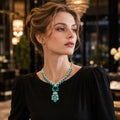 Silver Tone Rectangular Ruby & Round Emerald Crystal Jewelry Set, Floral Cluster Tassel Necklace Drop Earrings, Vintage Royal Luxury Bridal Formal Statement Jewelry