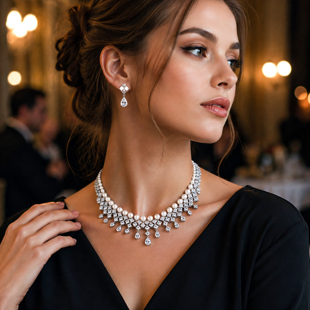 Silver Tone Pearl & Emerald Crystal Fringe Jewelry Set, Square Zircon Cascading Necklace & Drop Earrings, Luxury Vintage Bridal Formal Statement Jewelry