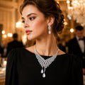 Silver Wing Shape Ruby Crystal Jewelry Set, Pear Cut Red Gem Bib Necklace & Drop Earrings, Luxury Bridal Statement Jewelry for Wedding & Pageant