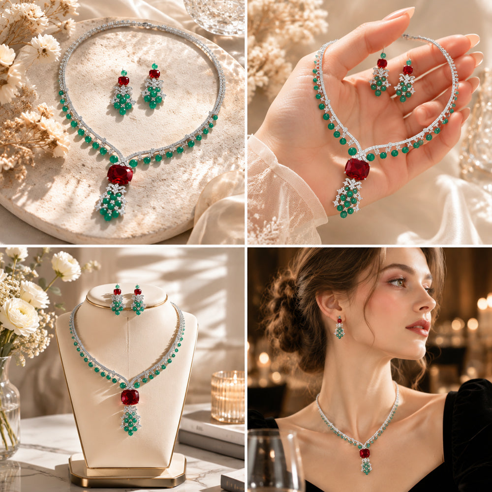 Silver Tone Rectangular Ruby & Round Emerald Crystal Jewelry Set, Floral Cluster Tassel Necklace Drop Earrings, Vintage Royal Luxury Bridal Formal Statement Jewelry