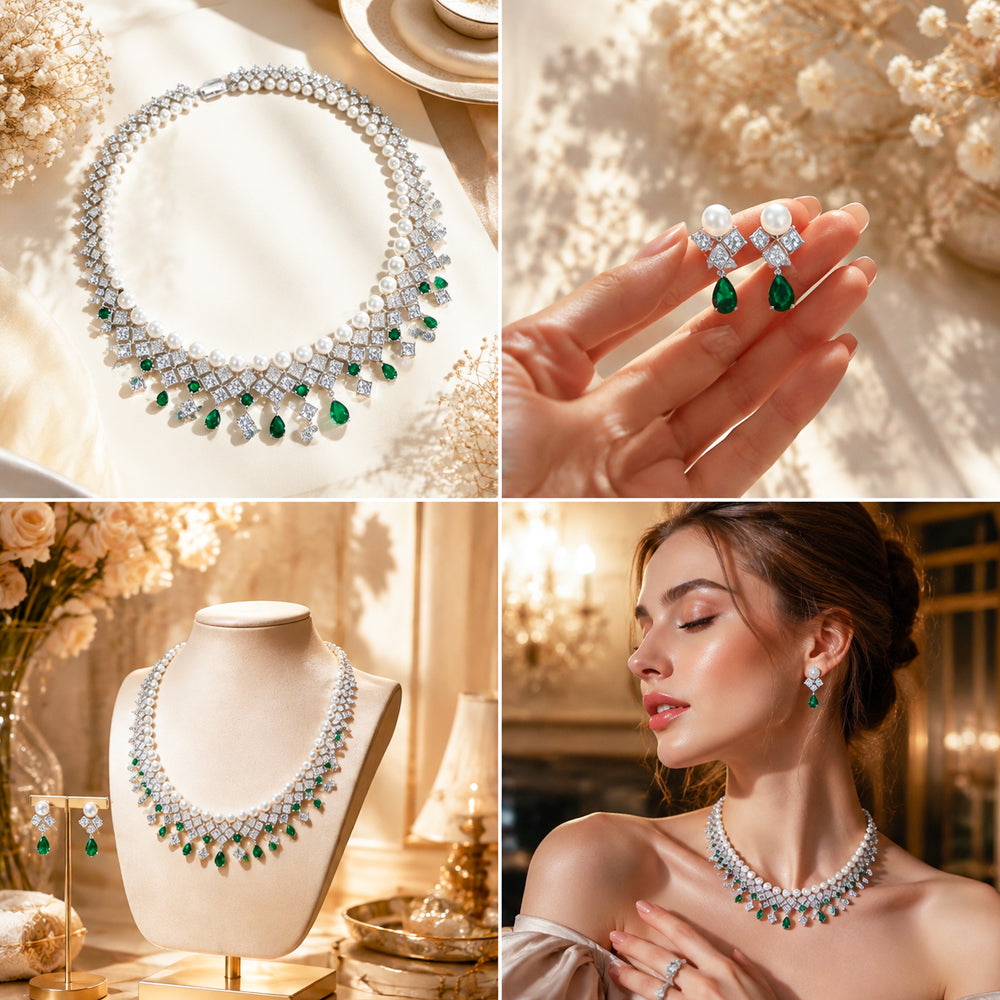 Silver Tone Pearl & Emerald Crystal Fringe Jewelry Set, Square Zircon Cascading Necklace & Drop Earrings, Luxury Vintage Bridal Formal Statement Jewelry