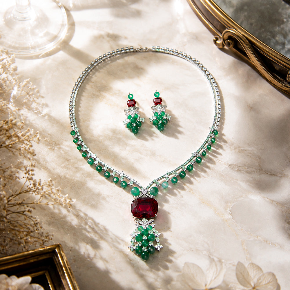 Silver Tone Rectangular Ruby & Round Emerald Crystal Jewelry Set, Floral Cluster Tassel Necklace Drop Earrings, Vintage Royal Luxury Bridal Formal Statement Jewelry