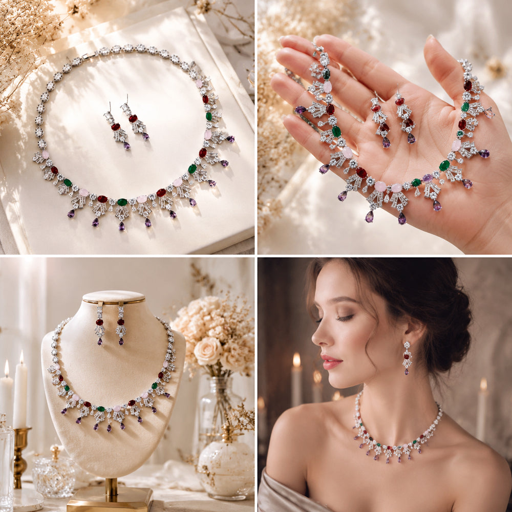 Multi-Color Gemstone Fringe Jewelry Set, Vintage Floral Multicolored Crystal Cascading Necklace & Drop Earrings, Luxury Bridal Formal Statement Jewelry