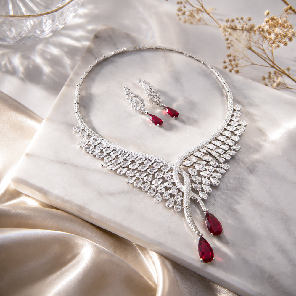 Silver Wing Shape Ruby Crystal Jewelry Set, Pear Cut Red Gem Bib Necklace & Drop Earrings, Luxury Bridal Statement Jewelry for Wedding & Pageant