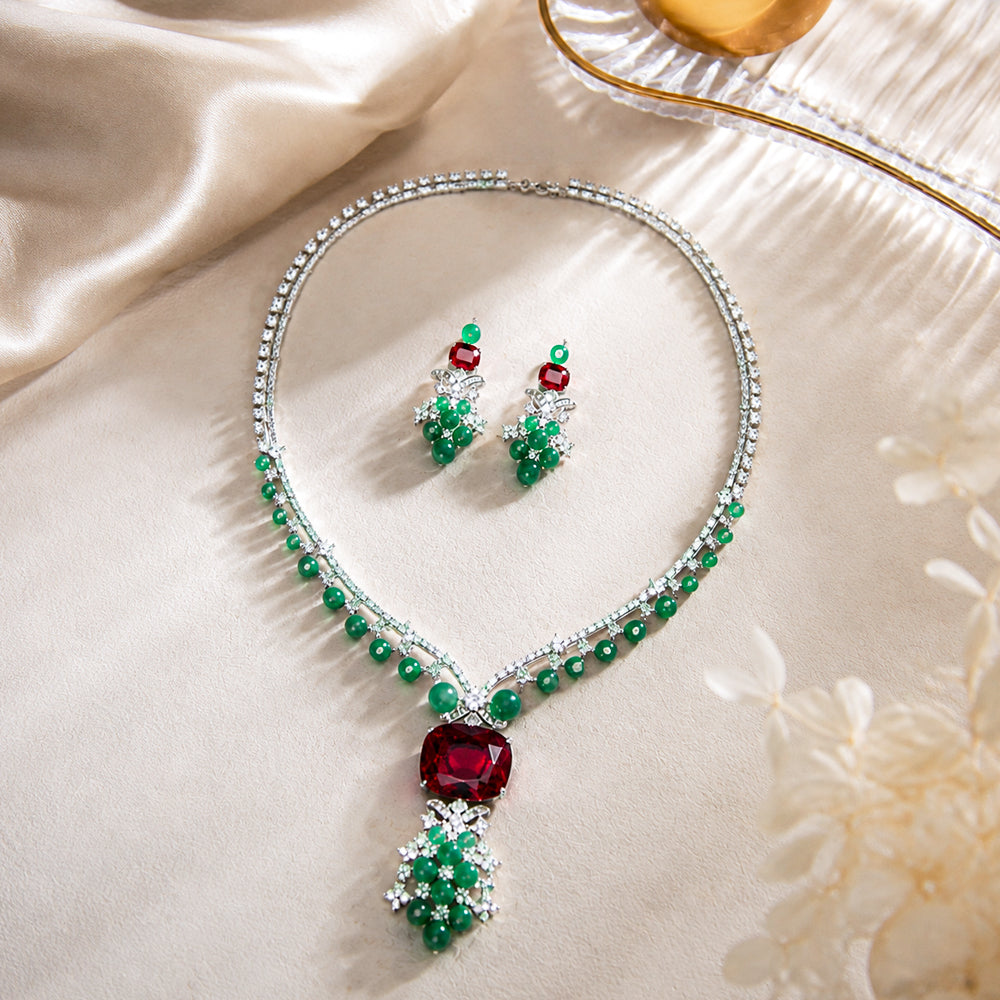 Silver Tone Rectangular Ruby & Round Emerald Crystal Jewelry Set, Floral Cluster Tassel Necklace Drop Earrings, Vintage Royal Luxury Bridal Formal Statement Jewelry