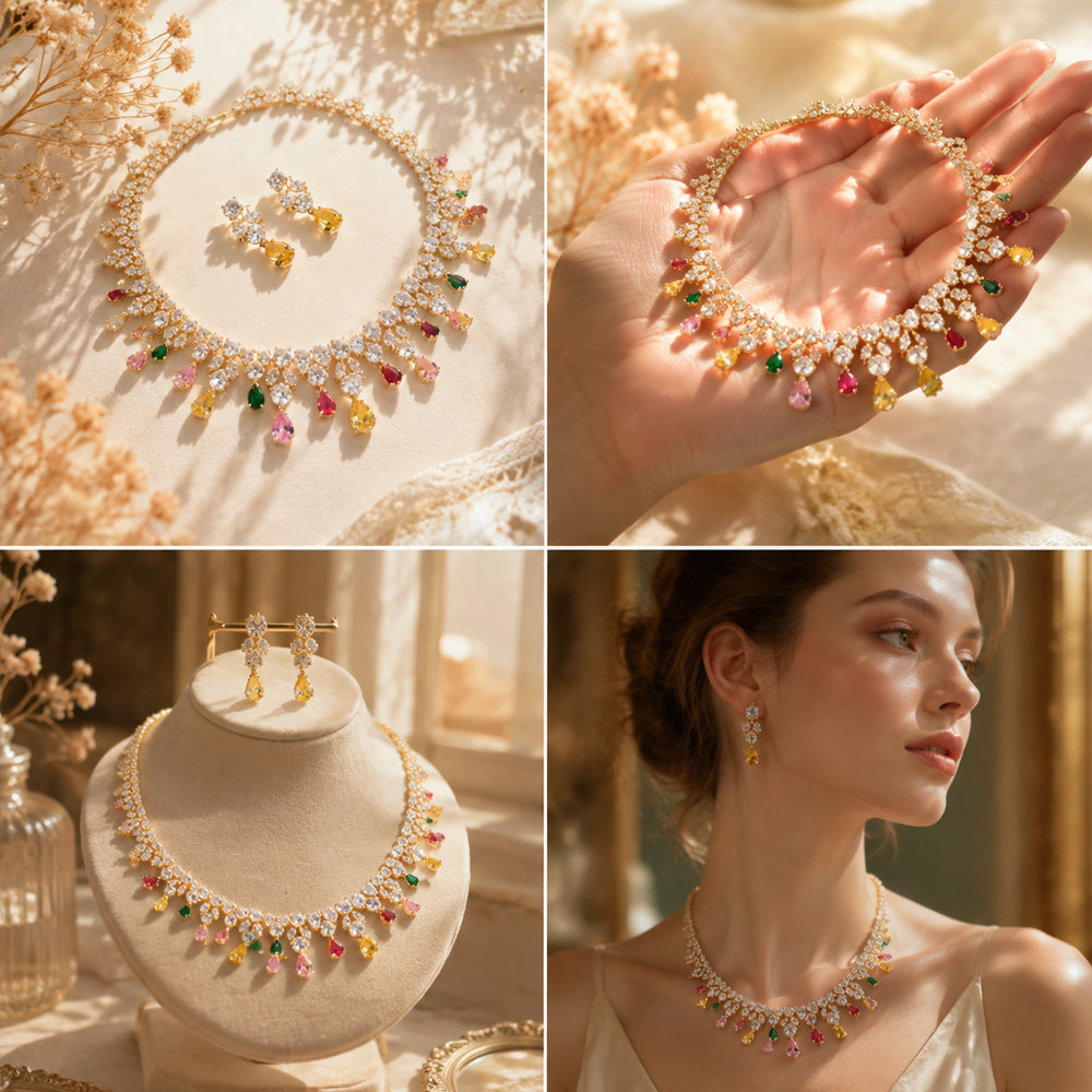 Multicolor Teardrop Crystal Bridal Jewelry Set, Gold Plated Waterfall Rhinestone Necklace Earrings Set, Colorful Gem Statement Wedding Party Jewelry