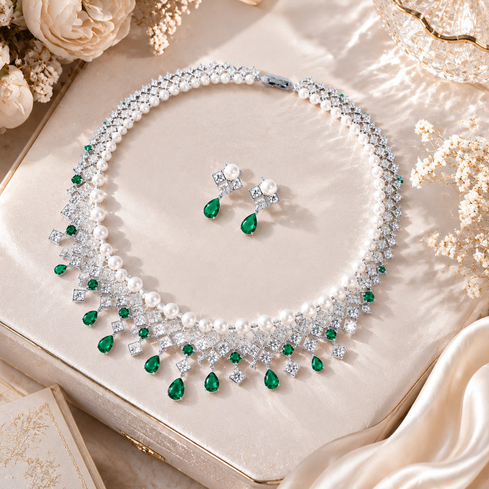 Silver Tone Pearl & Emerald Crystal Fringe Jewelry Set, Square Zircon Cascading Necklace & Drop Earrings, Luxury Vintage Bridal Formal Statement Jewelry