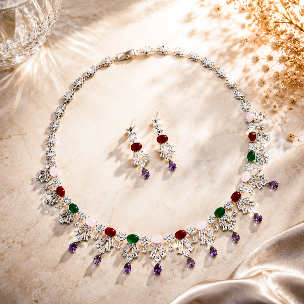 Multi-Color Gemstone Fringe Jewelry Set, Vintage Floral Multicolored Crystal Cascading Necklace & Drop Earrings, Luxury Bridal Formal Statement Jewelry