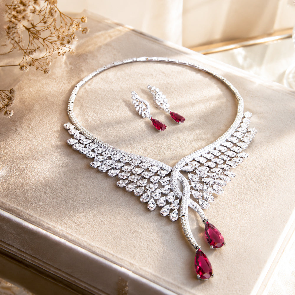 Silver Wing Shape Ruby Crystal Jewelry Set, Pear Cut Red Gem Bib Necklace & Drop Earrings, Luxury Bridal Statement Jewelry for Wedding & Pageant