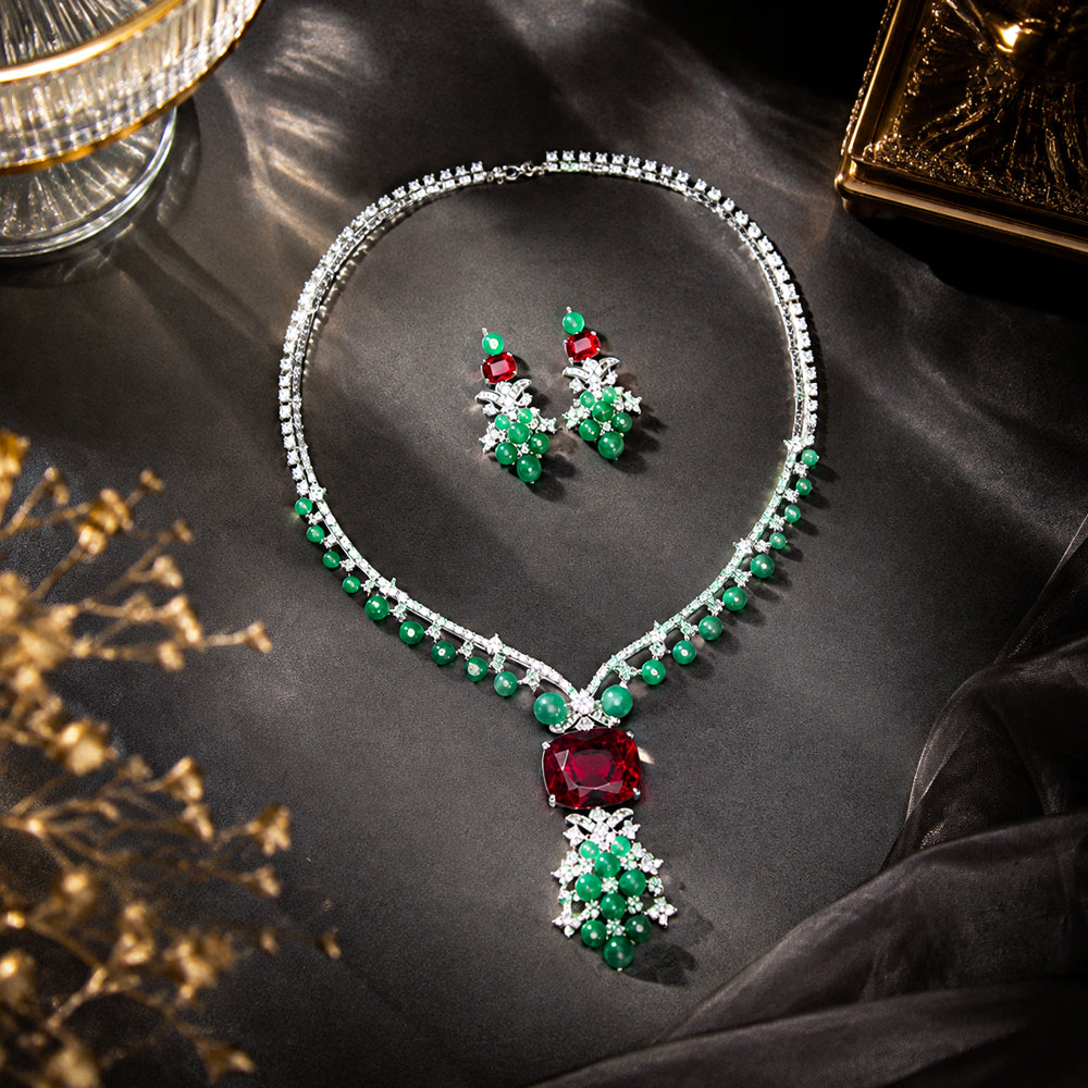 Silver Tone Rectangular Ruby & Round Emerald Crystal Jewelry Set, Floral Cluster Tassel Necklace Drop Earrings, Vintage Royal Luxury Bridal Formal Statement Jewelry