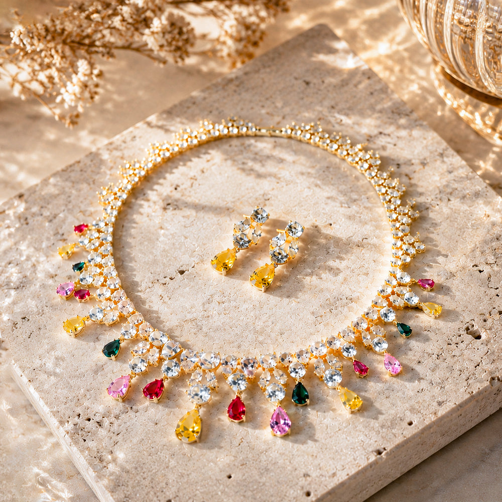 Multicolor Teardrop Crystal Bridal Jewelry Set, Gold Plated Waterfall Rhinestone Necklace Earrings Set, Colorful Gem Statement Wedding Party Jewelry