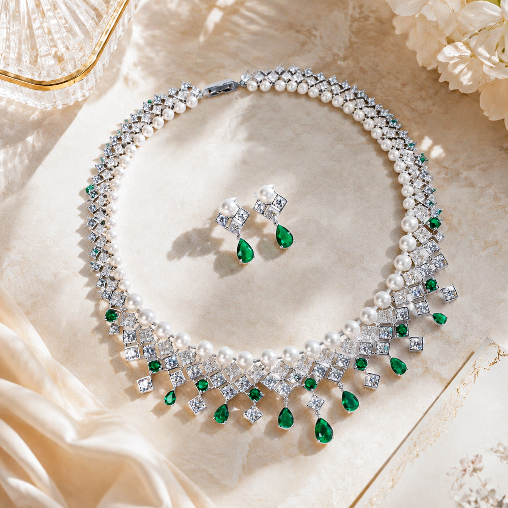 Silver Tone Pearl & Emerald Crystal Fringe Jewelry Set, Square Zircon Cascading Necklace & Drop Earrings, Luxury Vintage Bridal Formal Statement Jewelry