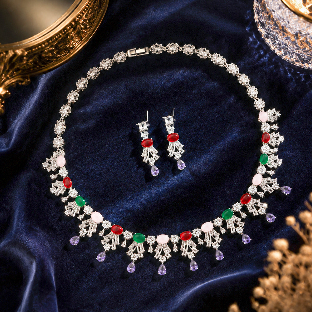 Multi-Color Gemstone Fringe Jewelry Set, Vintage Floral Multicolored Crystal Cascading Necklace & Drop Earrings, Luxury Bridal Formal Statement Jewelry