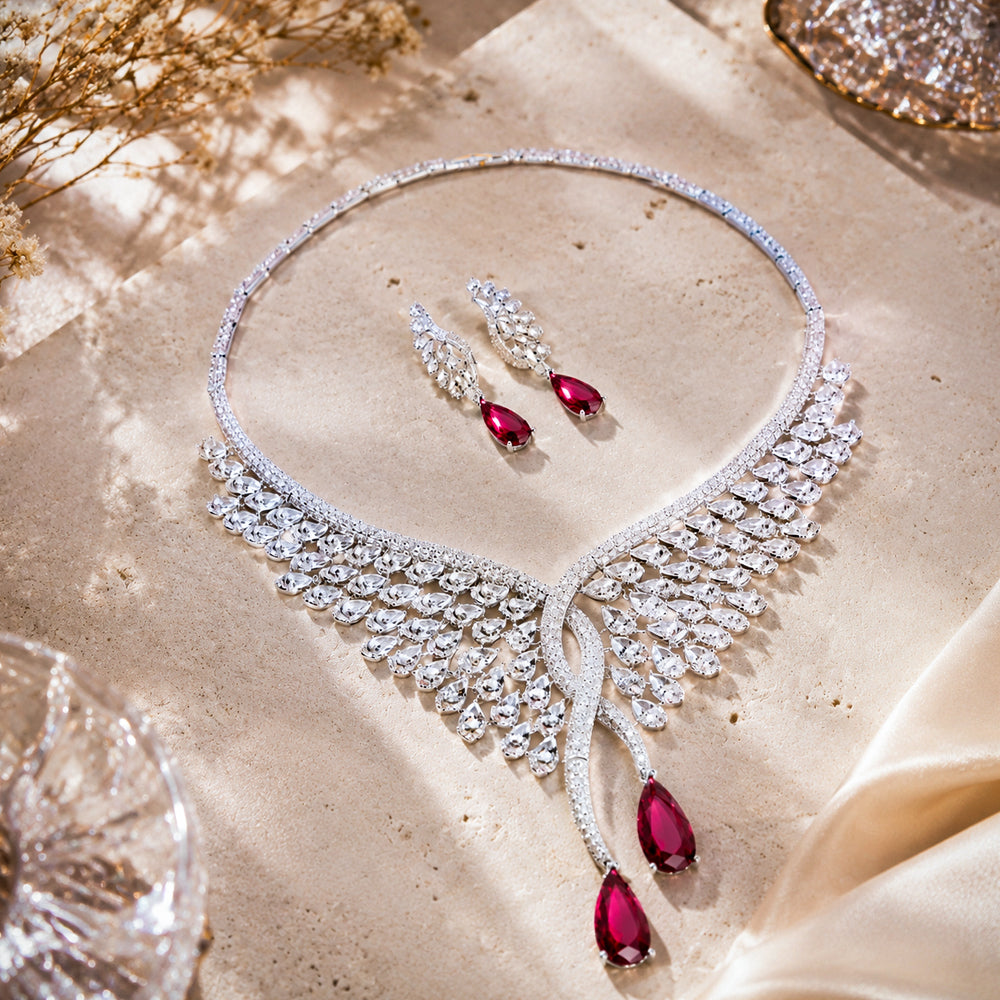 Silver Wing Shape Ruby Crystal Jewelry Set, Pear Cut Red Gem Bib Necklace & Drop Earrings, Luxury Bridal Statement Jewelry for Wedding & Pageant