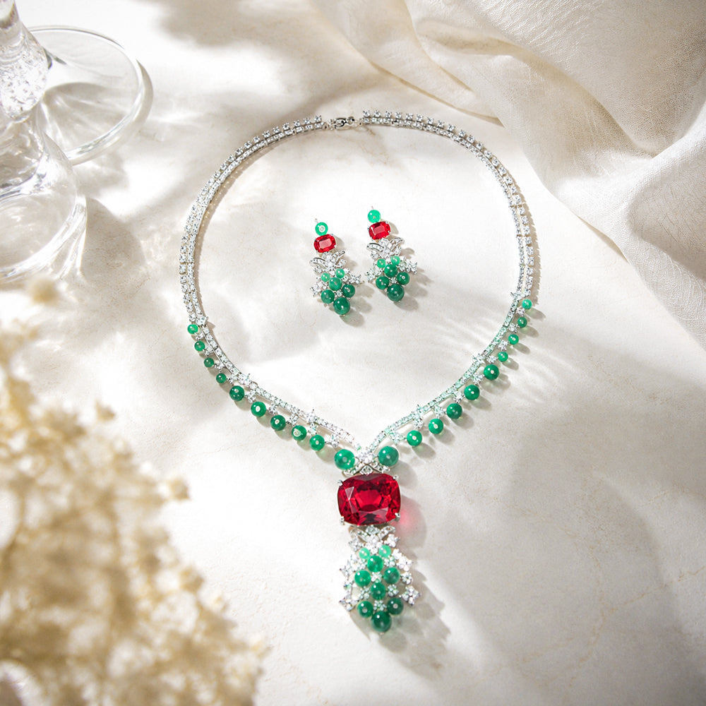 Silver Tone Rectangular Ruby & Round Emerald Crystal Jewelry Set, Floral Cluster Tassel Necklace Drop Earrings, Vintage Royal Luxury Bridal Formal Statement Jewelry