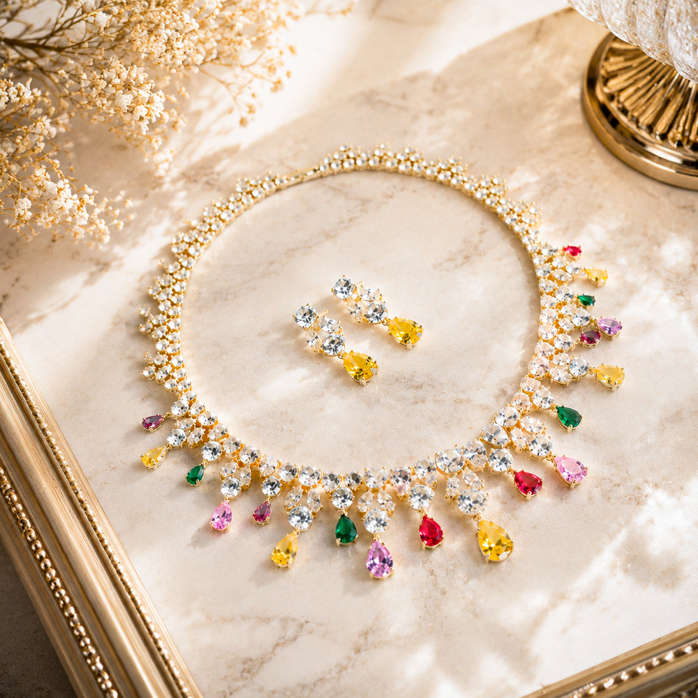 Multicolor Teardrop Crystal Bridal Jewelry Set, Gold Plated Waterfall Rhinestone Necklace Earrings Set, Colorful Gem Statement Wedding Party Jewelry
