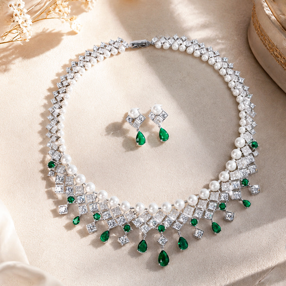 Silver Tone Pearl & Emerald Crystal Fringe Jewelry Set, Square Zircon Cascading Necklace & Drop Earrings, Luxury Vintage Bridal Formal Statement Jewelry
