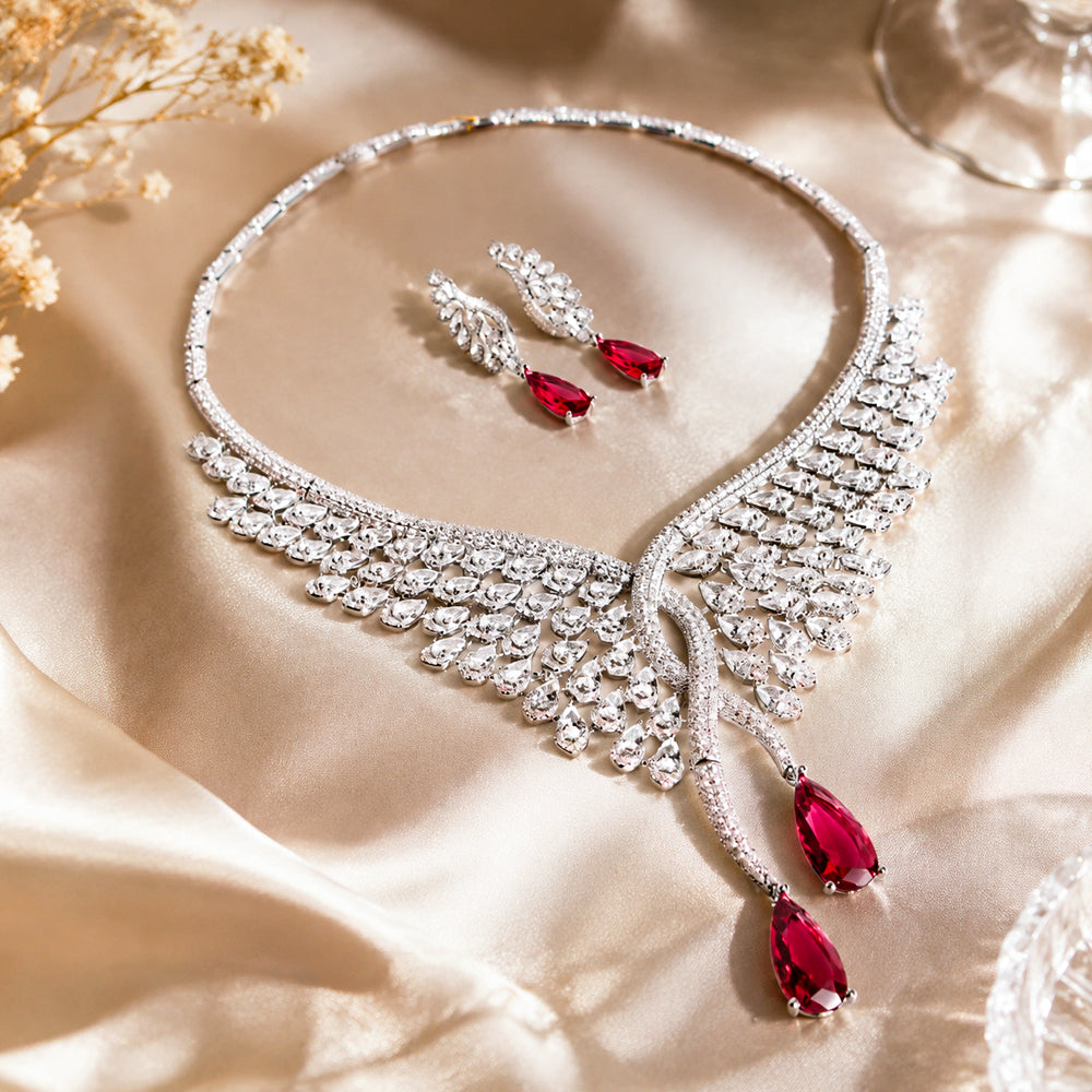 Silver Wing Shape Ruby Crystal Jewelry Set, Pear Cut Red Gem Bib Necklace & Drop Earrings, Luxury Bridal Statement Jewelry for Wedding & Pageant