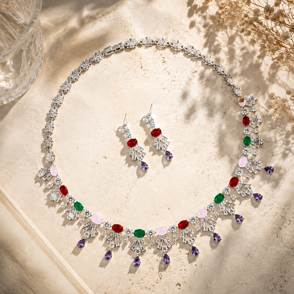 Multi-Color Gemstone Fringe Jewelry Set, Vintage Floral Multicolored Crystal Cascading Necklace & Drop Earrings, Luxury Bridal Formal Statement Jewelry