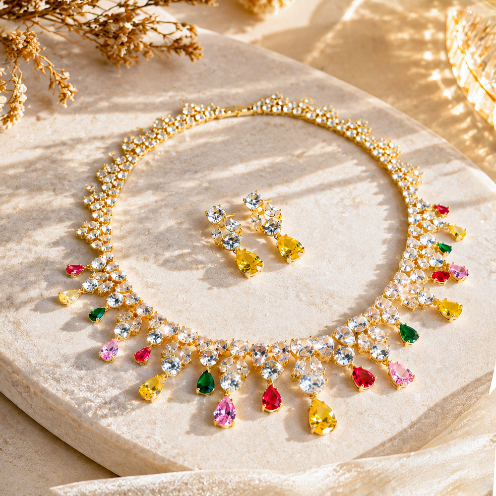 Multicolor Teardrop Crystal Bridal Jewelry Set, Gold Plated Waterfall Rhinestone Necklace Earrings Set, Colorful Gem Statement Wedding Party Jewelry