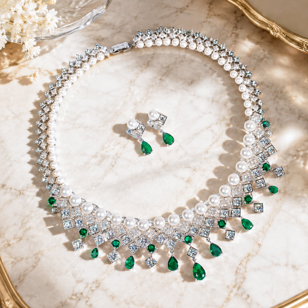 Silver Tone Pearl & Emerald Crystal Fringe Jewelry Set, Square Zircon Cascading Necklace & Drop Earrings, Luxury Vintage Bridal Formal Statement Jewelry