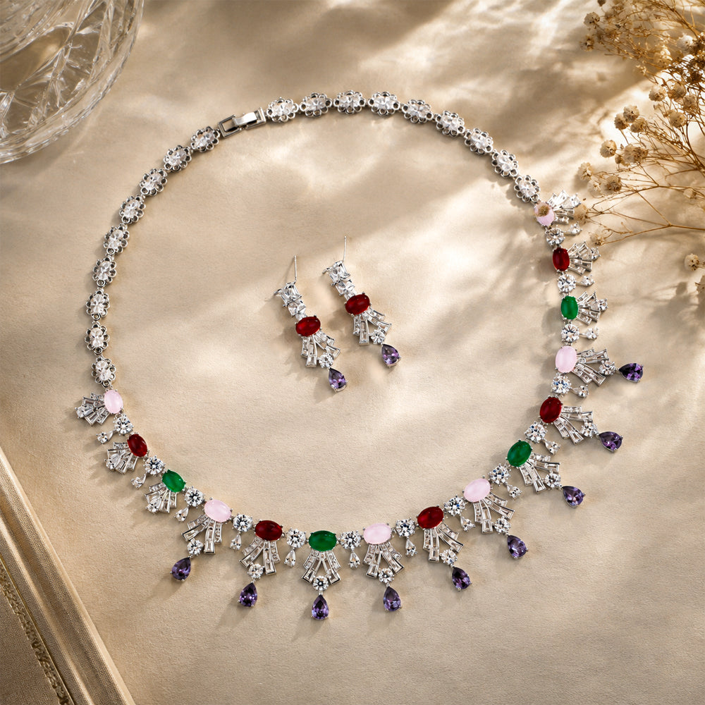 Multi-Color Gemstone Fringe Jewelry Set, Vintage Floral Multicolored Crystal Cascading Necklace & Drop Earrings, Luxury Bridal Formal Statement Jewelry