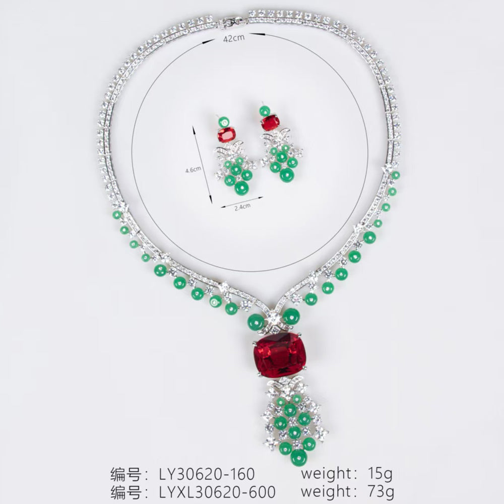 Silver Tone Rectangular Ruby & Round Emerald Crystal Jewelry Set, Floral Cluster Tassel Necklace Drop Earrings, Vintage Royal Luxury Bridal Formal Statement Jewelry