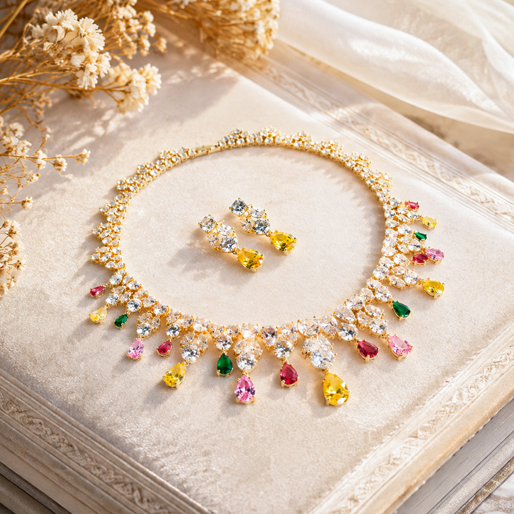 Multicolor Teardrop Crystal Bridal Jewelry Set, Gold Plated Waterfall Rhinestone Necklace Earrings Set, Colorful Gem Statement Wedding Party Jewelry