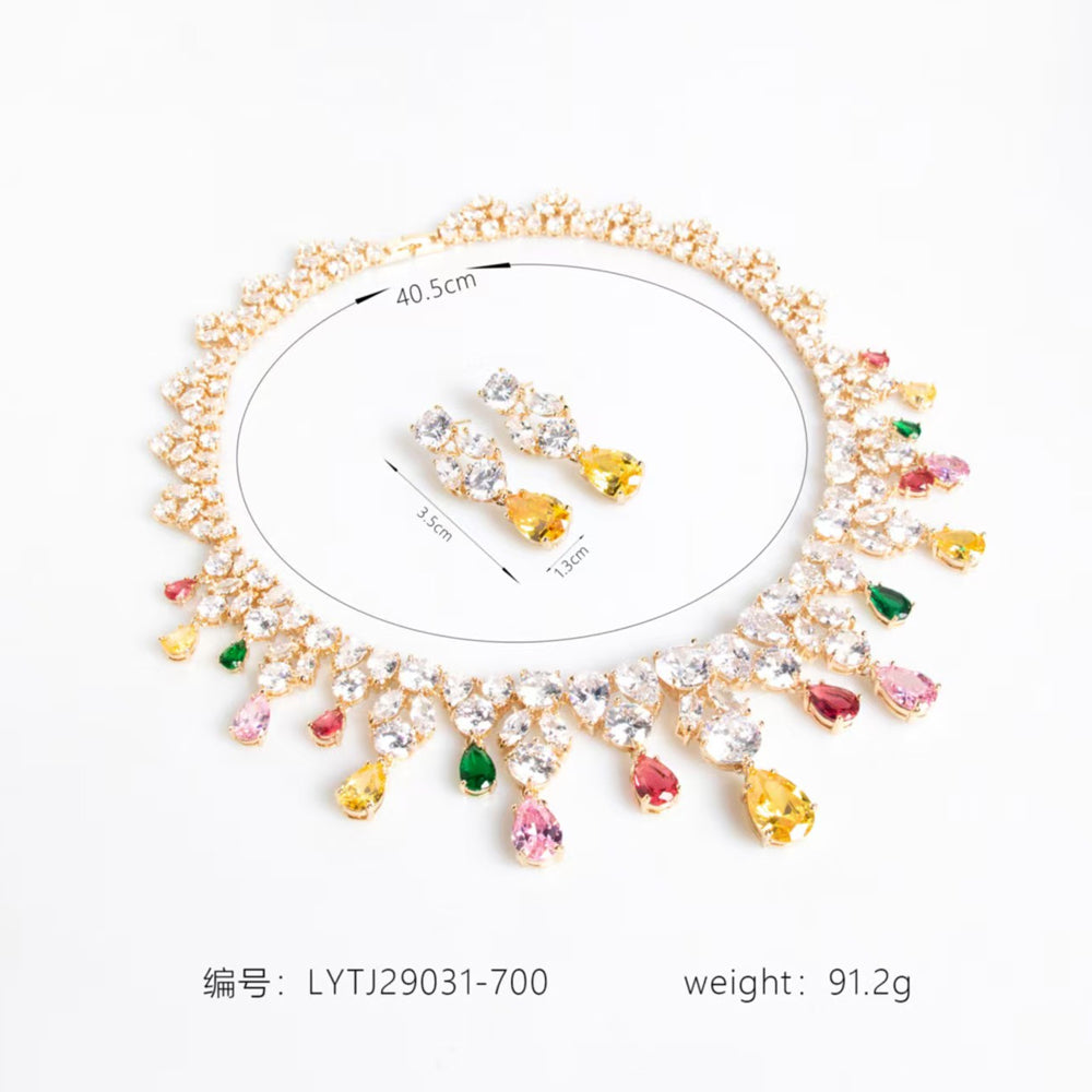 Multicolor Teardrop Crystal Bridal Jewelry Set, Gold Plated Waterfall Rhinestone Necklace Earrings Set, Colorful Gem Statement Wedding Party Jewelry