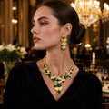 Vintage Oriental Ginkgo Leaf Rhinestone Jewelry Set, Round Green Gem Bamboo Choker Necklace Earrings, Cheongsam Evening Banquet Women Accessories