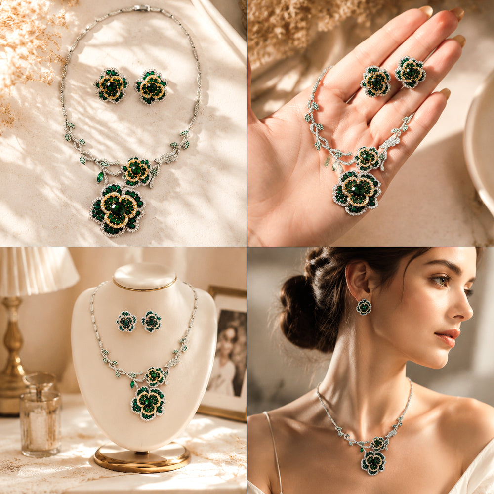 Vintage Botanical Flower Emerald Rhinestone Jewelry Set, Multi-Tone Floral Vine Necklace Earrings, Evening Banquet Pageant Women Accessories