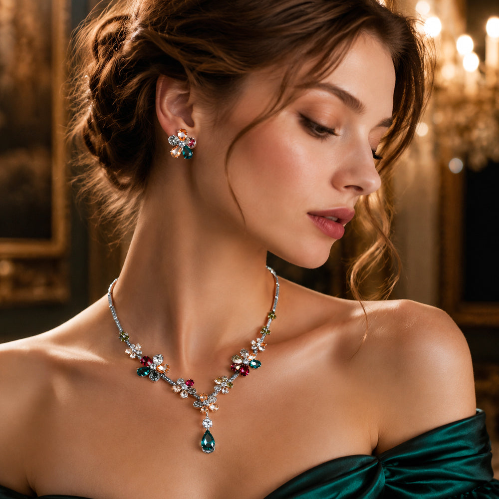 Rainbow Floral Bridal Jewelry Set, Silver Tone Multi-Color Gem Flower Vine Statement Necklace Flower Earrings Formal Accessory