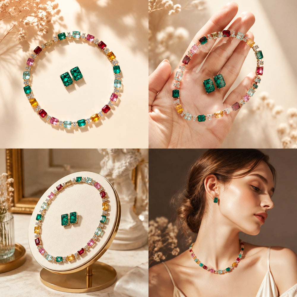 Vintage Rainbow Multi-Square Rhinestone Jewelry Set, Emerald Cut Mixed Gem Choker Necklace Single Stud Earrings, Evening Banquet Pageant Women Accessories