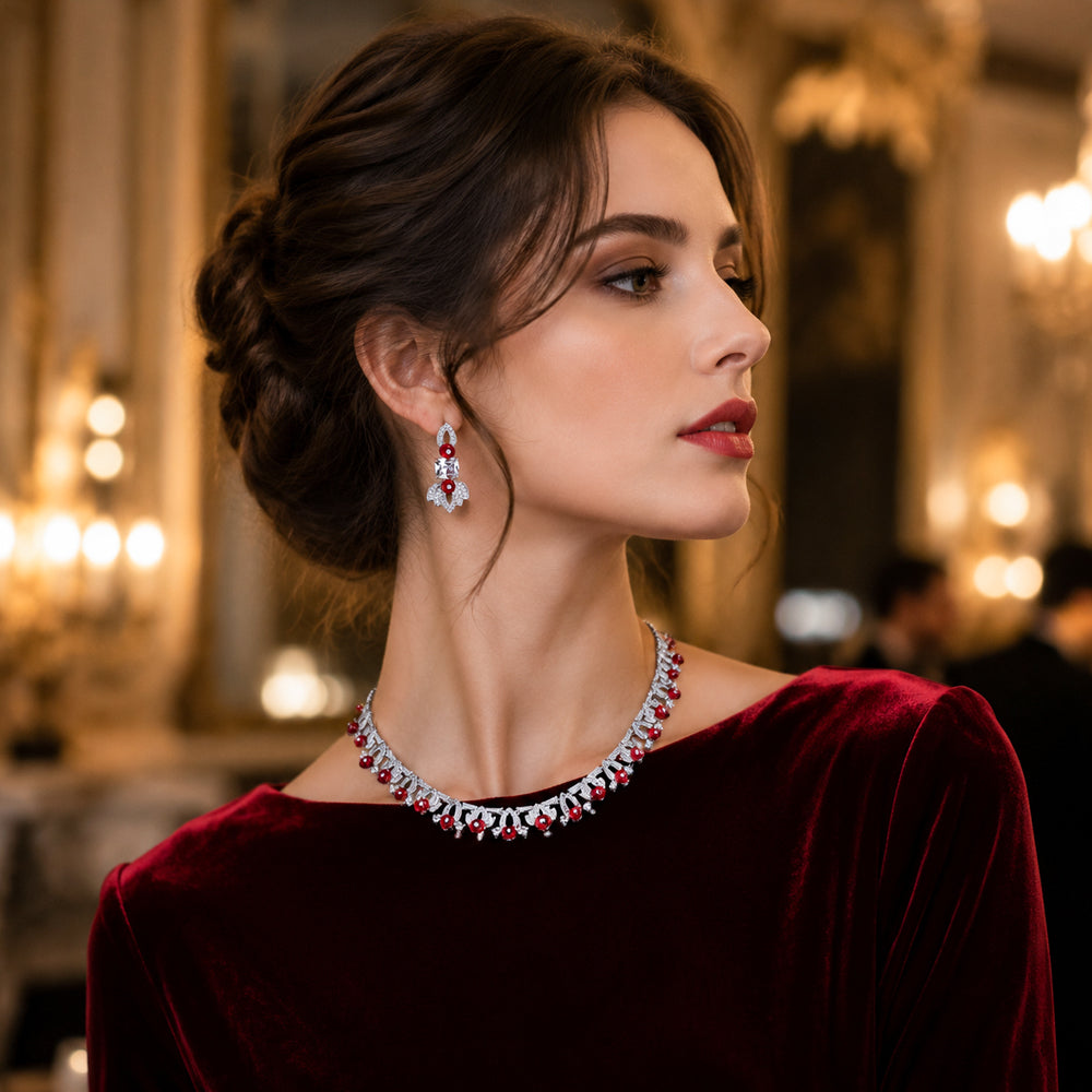 Silver Tone Rectangular Ruby & Round Emerald Crystal Jewelry Set, Floral Cluster Tassel Necklace Drop Earrings, Vintage Royal Luxury Bridal Formal Statement Jewelry