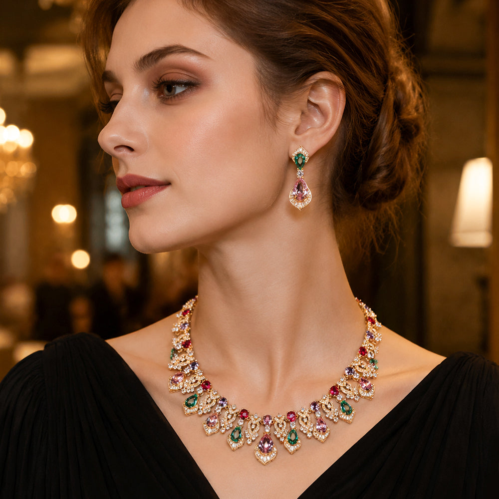 Vintage Multi-Colored Rhinestone Jewelry Set, Waterdrop Mixed Gemstone Fringe Necklace Earrings, Evening Banquet Pageant Women Accessories