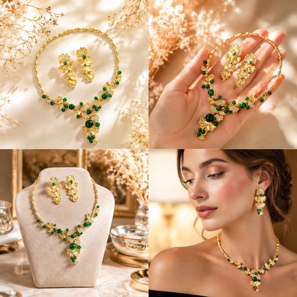 Vintage Oriental Ginkgo Leaf Rhinestone Jewelry Set, Round Green Gem Bamboo Choker Necklace Earrings, Cheongsam Evening Banquet Women Accessories