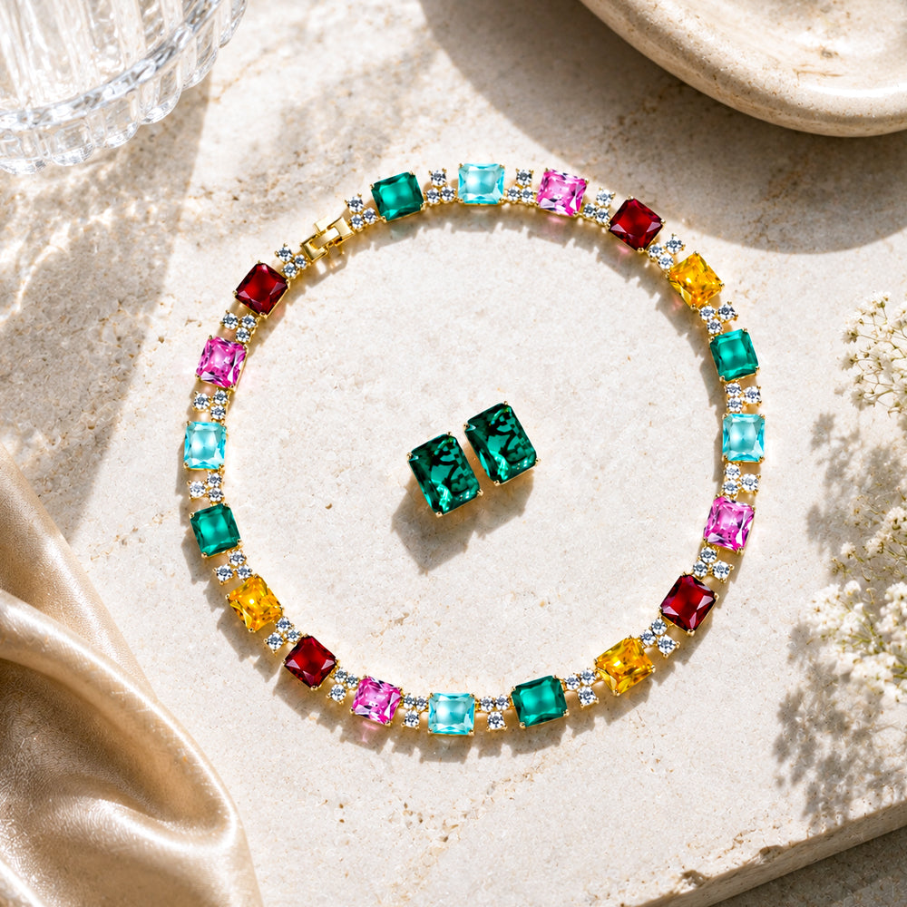 Vintage Rainbow Multi-Square Rhinestone Jewelry Set, Emerald Cut Mixed Gem Choker Necklace Single Stud Earrings, Evening Banquet Pageant Women Accessories