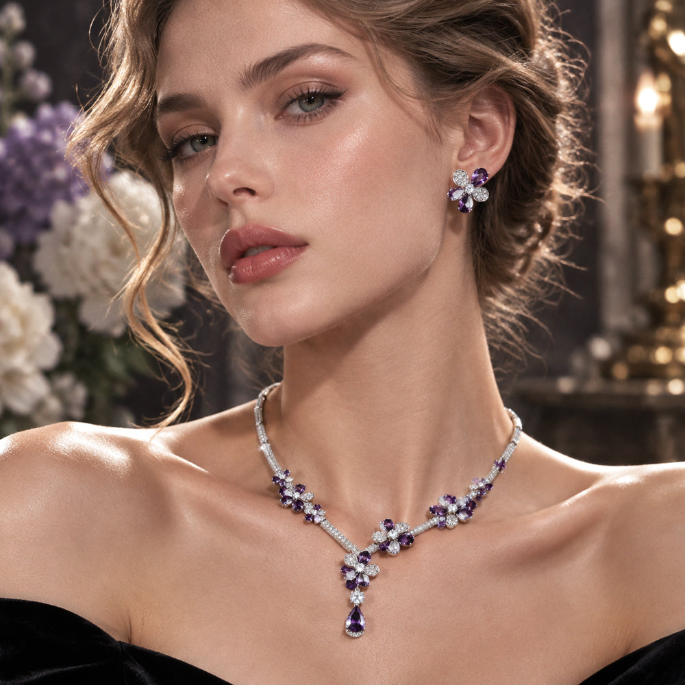 Rainbow Floral Bridal Jewelry Set, Silver Tone Multi-Color Gem Flower Vine Statement Necklace Flower Earrings Formal Accessory