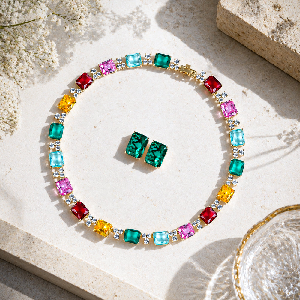 Vintage Rainbow Multi-Square Rhinestone Jewelry Set, Emerald Cut Mixed Gem Choker Necklace Single Stud Earrings, Evening Banquet Pageant Women Accessories